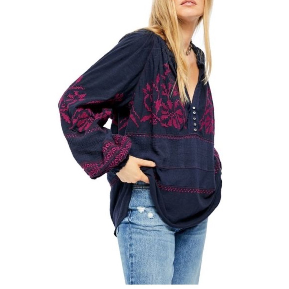 Free People Navy Persuasion Top with Pink Embroidery in Size Medium